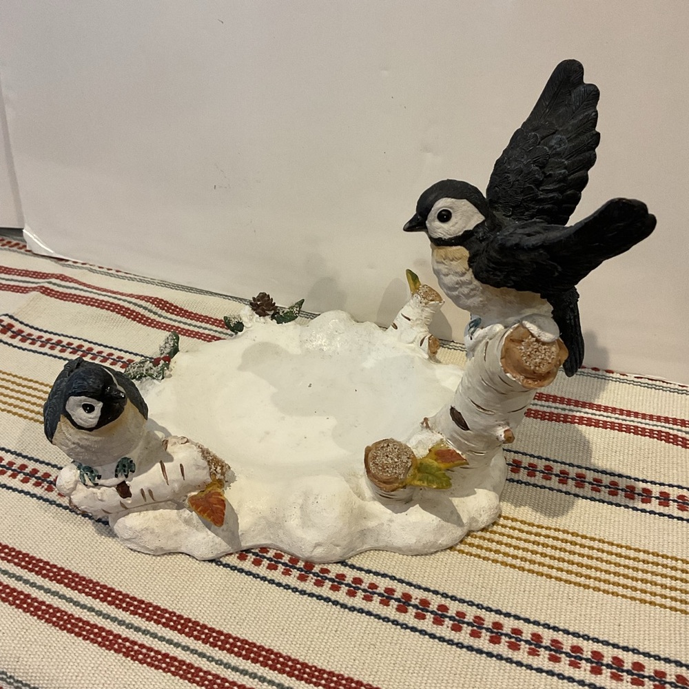 Elegant Bird Chickadees at Play Holiday Platter Winter Scene Birch Trees VTG